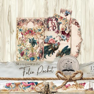 Pode incluir: Um conjunto de 12 peças de conjuntos de bolsos de folha de mistura e combinação com um tema de baile de máscaras. Os conjuntos apresentam desenhos florais e de máscaras ornamentados em tons de rosa, azul e dourado. Um rótulo Paperbound soul e um laço de barbante também são visíveis.