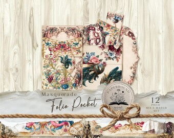 Masquerade junk journal folio, Digital Junk Journal Loaded Folder Pocket Tags, Shabby Ephemera, Victorian masks, Envelope for Ephemera JJ013