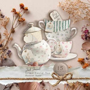 May include: A vintage-style illustration of a tea set with a teapot, teacups, and tags. The teapot and cups are white with floral and polka dot patterns. The tags read "My hidden notes" and "Grand Easter Tea Hidden Note". A "15 piece set" label is also visible.