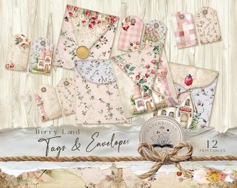 Strawberries bugs Junk Journal's Envelopes For Ephemera Storage. Ladybug Digital Junk Journal, Tags Inspirational Ephemera farmhouse JJ005.