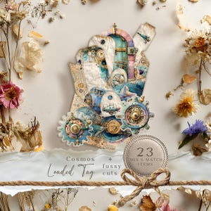 Könnte beinhalten: Eine Collage aus Papierephemera mit Steampunk-Thema, mit Zahnrädern, einer Tür und Himmelselementen. Das Design enthält Blau-, Türkis- und Goldtöne. Der Text lautet "Cosmos + fussy cuts" und "Loaded Tag". Ein Etikett lautet "23 Mix & Match Items".