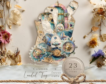 Steampunk cosmos Digital Junk Journal Loaded Folder, Pocket Tags, vintage aircraft, Envelopes For, Ephemera Storage, antique science.