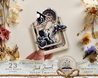 Halloween Hidden Paper Clips Printables, Victorian Vampire junk journal hidden paper clip, creepy moon, bats fussy cuts, Digital jj001.