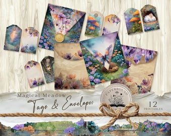 Mystical meadow junk journal's Envelopes For Ephemera Storage, Digital Junk Journal Tags, Woodland Animal, forest wildflower, nymph JJ008.