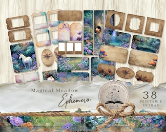 Mystical meadow junk journal ephemera cards. Magical Botanicals, Woodland Animal, sacred Witch, mystic Mermaid, Watercolor Journal JJ008.