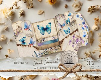 Birds waterfall Junk Journal Folio Bluebird, Digital Junk Journal, Loaded Folder Pocket Tags, Shabby Ephemera, wildflowers, Blue Butterflies
