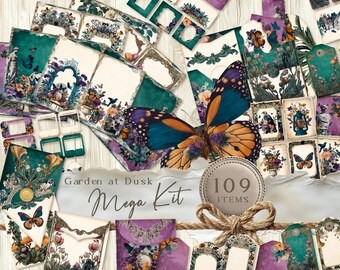 Midnight garden junk journal kit, retro surreal Junk Journal pages, Junk Journaling Double Pages, Blue Floral, blue butterflies.