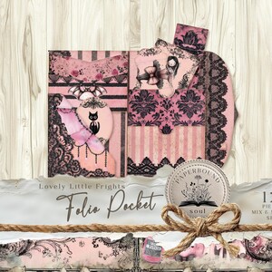 May include: A pink and black folio pocket set with a vintage aesthetic. The design includes lace, floral patterns, and an owl silhouette. The text "Lovely Little Frights" and "Folio Pocket" are visible. Includes a 12-piece mix and match set.