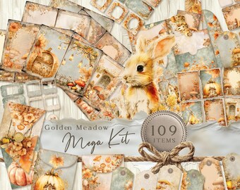 Autumn meadow junk journal kit, journal ephemera, woodland animals journal paper, journal folio, printable pocket, fall junk journal JJ010.