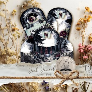 Może przedstawiać: Zestaw elementów junk journal w kształcie łuku o gotyckim motywie wampirów. Projekt przedstawia ciemny las, motyle i kościół. Tekst brzmi "Vampire Love Junk Journal Arch Folio" i "13 Mix & Match Items".