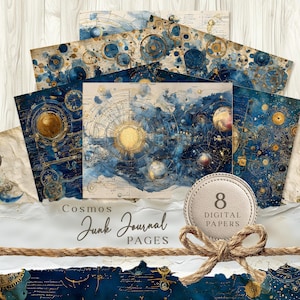 Könnte beinhalten: Eine Sammlung von acht digitalen Papieren mit dem Thema Kosmos. Die Papiere zeigen Aquarellillustrationen in Blau-, Gold- und Beigetönen, die Himmelskörper und astronomische Karten darstellen. Der Text "Cosmos Junk Journal Pages" ist ebenfalls sichtbar.