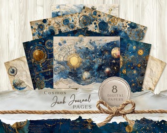 Steampunk Space Junk Journal Digital Printables, Cosmos Stars borderless pages, page backgrounds, industrial steampunk cosmos papers.