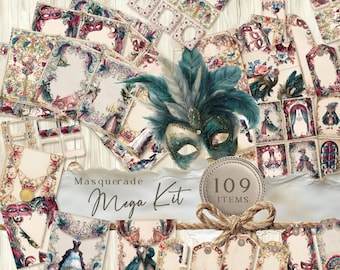 Masquerade junk journal kit, goblin ball room, burgundy ball emerald masks, Gothic ball dance, Masquerade, Junk Journal Kit JJ013.