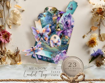 Mystical meadow Digital Junk Journal, dragonfly Loaded Folder, butterfly Pocket Tags, wildflowers, Shabby Ephemera Envelopes Ephemera JJ008.