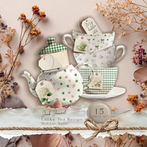 Sobre con nota oculta para el Día de San Patricio, diario basura de cuadros vichy, nota de taza de café, nota de taza de té, nota de tetera, pila de tazas de té, etiquetas de trébol.