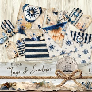 May include: A collection of nautical-themed tags and envelopes. The designs feature compass roses, blue and white stripes, and floral accents. The text "Beach Tags & Envelopes" is visible, along with the number "12 Printables".
