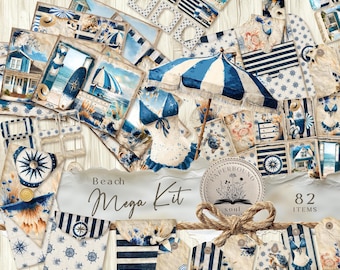 Beach junk journal mega kit printable. Ocean Journal kit, boats ships, seagull crab kit, Seaside junk pages, Beach Hut Scrapbook, JJ007.