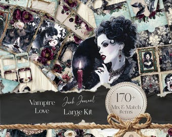 Victorian Junk Journal Complete, Gothic Vampire junk journal kit, Gothic Romance, Printable Vampire Papers, Digital Halloween Ephemera jj001