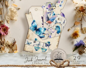 Bluebird Butterfly Digital Junk Journal Loaded Folder Pocket Tags, Shabby Ephemera, Lavender Junk Journal Pocket, Tags And Tabs, farmhouse.