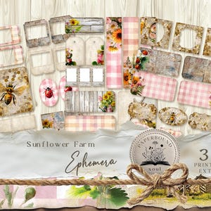 May include: A collection of printable ephemera with a sunflower and bee theme. Includes frames, tags, and decorative elements in pink gingham, wood grain, and floral designs. The text "Sunflower Farm Ephemera" is visible.