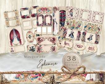 Masquerade junk journal ephemera, Venice carnival, Goblin ballroom, Victorian Masks, Halloween carnival, Ball Regency, 1900s JJ013.