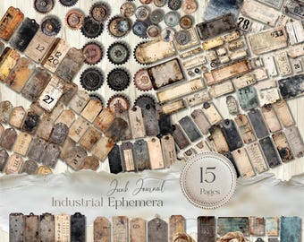 Industrial grunge labels tags ephemera, junk journal grunge journal kit, vintage ephemera, vintage Printables, digital grungy paper.