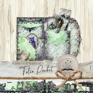 May include: A decorative folio pocket set with a haunted library theme. The set includes a pocket with an owl illustration, a gift box, and additional inserts. The design features a mix of green, purple, and white colors with the text "Haunted Library Folio Pocket".