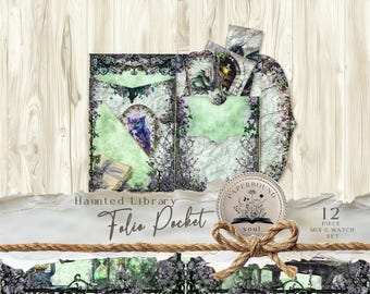 May include: A decorative folio pocket set with a haunted library theme. The set includes a pocket with an owl illustration, a gift box, and additional inserts. The design features a mix of green, purple, and white colors with the text "Haunted Library Folio Pocket".