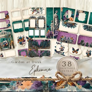May include: A collection of 38 printable ephemera pieces with a garden theme. The designs feature butterflies, flowers, and architectural elements in shades of teal, purple, and cream. The words "Garden at Dusk" and "Ephemera" are also visible.