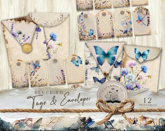 Bluebird and wildflowers ,Junk Journal's Envelopes For Ephemera Storage. Digital Junk Journal Tags, Inspirational Blue Butterflies.