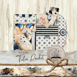 May include: A 12-piece mix and match set of beach-themed folio pockets. The pockets feature nautical designs, including compasses, anchors, and stripes in blue and white. The set includes a variety of shapes and sizes, with a decorative rope bow.