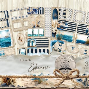 Puede incluir: Una colección de efímeras de temática náutica con un tema de playa. El conjunto incluye varias etiquetas, marcos y elementos decorativos en tonos de azul, blanco y beige. El texto "Beach Ephemera" es visible, junto con una etiqueta circular y el texto "38 Printable Extras."