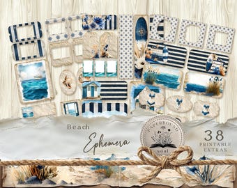 Beach junk journal, Scrapbook Background, digital ephemera, Whimsical Ephemera, Seaside ,Ocean coastal, boats ships, seagull crab, JJ007.
