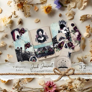 Może przedstawiać: Kolekcja elementów folio wodospadu dziennika śmieciowego o tematyce "Vampire Love". Elementy zawierają ilustracje kobiety, czaszek, ciem i kwiatów w odcieniach czerni, fioletu i turkusu. Zestaw zawiera 32 elementy do miksowania i dopasowywania.
