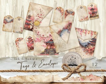 Oriental Journal, Japan Asia Junk Journal's Envelopes For Ephemera Storage. Digital Junk Journal Tags, Cherry Blossom, Sakura Pockets JJ006.