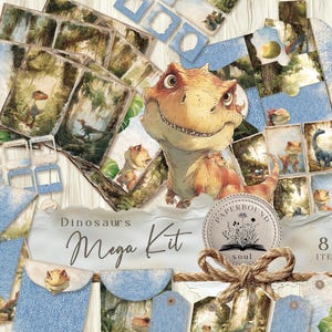 Junk journal kits for boys, dino junk journal, Denim Junk Journal Ephemera, dinosaurs folio junk journal kit, dinosaur pockets.