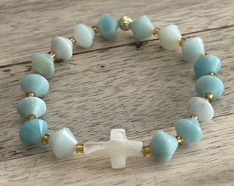 Amazonite Bead & Mother of Pearl Cross Bracelet