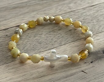 Natural Yellow Opal Bead & Mother of Pearl Cross Bracelet