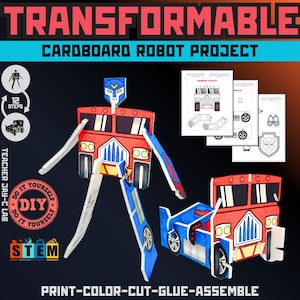 Può includere: Un kit per progetto di robot in cartone con una figura di robot rossa e blu a tema camion e un veicolo abbinato. Il set include modelli stampati per l'assemblaggio, con il testo TRANSFORMABLE, CARDBOARD ROBOT PROJECT, DIY, STEM e PRINT-COLOR-CUT-GLUE-ASSEMBLE.