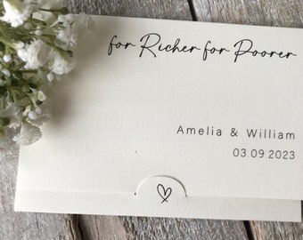 50 Wedding Favours, for Richer for Poorer Personalised White or Ivory Linen Handmade Wedding Scratch Card or Lottery Ticket Holders.