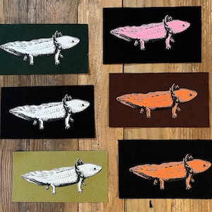 May include: A collection of six rectangular patches featuring axolotl illustrations in various colors. The axolotls are depicted in white, pink, and orange, set against backgrounds of black, green, brown, and olive. The patches are displayed on a wooden surface.