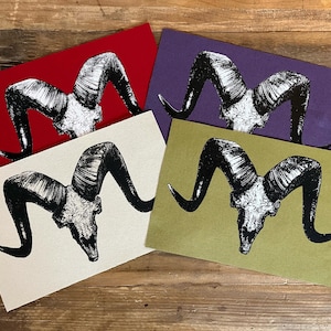 May include: Four cards with a ram skull illustration. Each card features a black and white ram skull design on a different colored background: red, purple, cream, and olive green. The cards are arranged on a wooden surface.