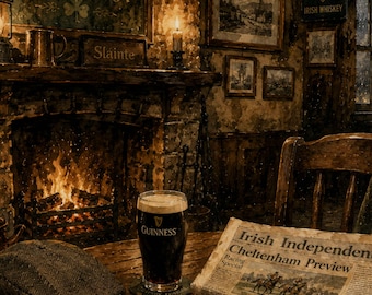May include: A dark pint of Guinness beer sits on a wooden table next to a tweed flat cap, a pair of glasses, and a copy of the Irish Independent newspaper featuring a Cheltenham Preview headline, all set before a glowing stone fireplace.