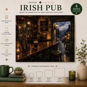 May include: An unframed wall art print titled "Irish Pub" depicts a cozy pub interior with a bar, stools, and a view of a rainy street. The print offers four size options: 10x8 inches, 14x11 inches, 20x16 inches, and 32x24 inches.