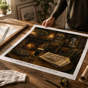 May include: A square art print depicting a cozy pub interior with a fireplace, a glass of Guinness, a flat cap, and an Irish Independent newspaper on a wooden table. The text reads "Erin Go Bragh," "Powers," "Good Friends Good Craic Good Times," and "STORIES ON THE PAGE, STORIES IN THE GLASS."