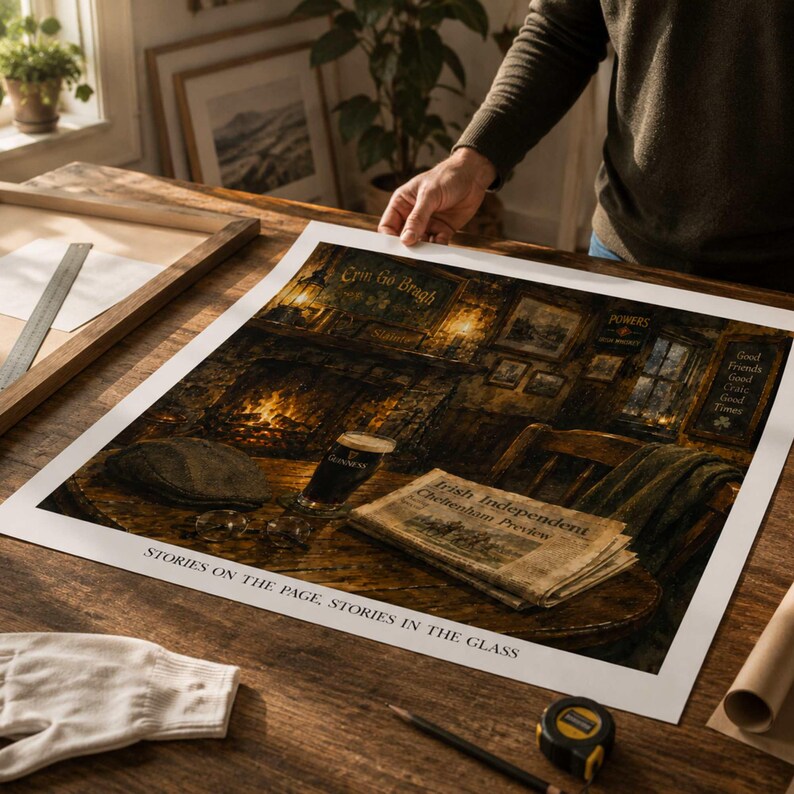 May include: A square art print depicting a cozy pub interior with a fireplace, a glass of Guinness, a flat cap, and an Irish Independent newspaper on a wooden table. The text reads "Erin Go Bragh," "Powers," "Good Friends Good Craic Good Times," and "STORIES ON THE PAGE, STORIES IN THE GLASS."