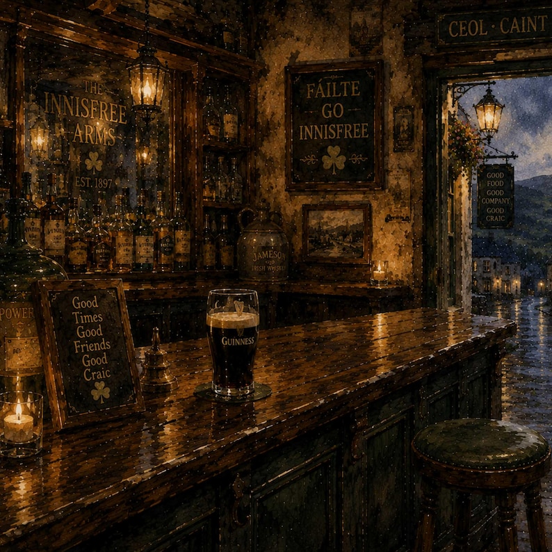 May include: An interior shot of a traditional Irish pub, featuring a wooden bar with a pint of Guinness. The bar is dimly lit with warm lighting, and there are signs with text like "Good Times" and "Innisfree Arms".