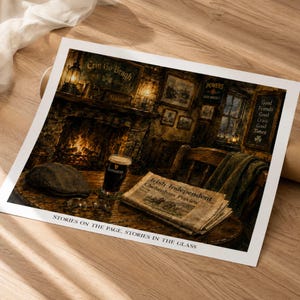 May include: A rectangular print featuring an interior scene of a pub with a fireplace, a glass of dark stout, a flat cap, and a newspaper titled Irish Independent. The text at the bottom reads: STORIES ON THE PAGE, STORIES IN THE GLASS.