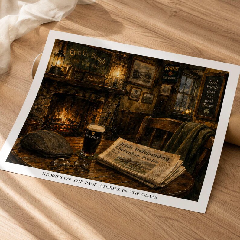 May include: A rectangular print featuring an interior scene of a pub with a fireplace, a glass of dark stout, a flat cap, and a newspaper titled Irish Independent. The text at the bottom reads: STORIES ON THE PAGE, STORIES IN THE GLASS.