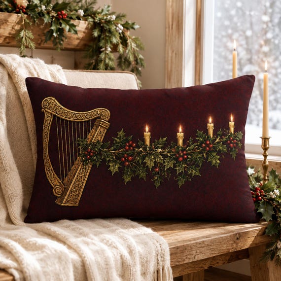 Irish Harp Christmas Lumbar Pillow, Celtic Knotwork, Holly Garland, Burgundy Cushion (20x14 inch)